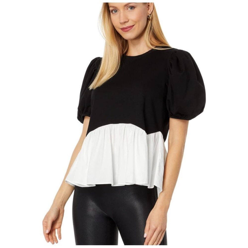 NEW English Factory | Black & White Puff Sleeve Peplum Mixed Media Top